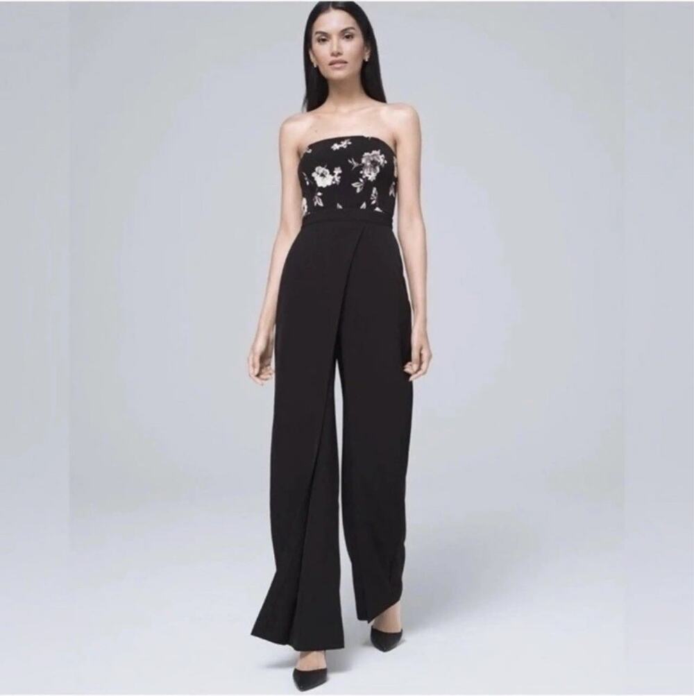 White House Black Market Floral Bodice Wide Leg Jumpsuit Black Size 6